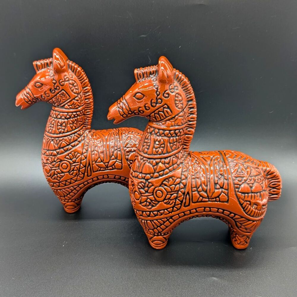 Vintage MCM Bitossi Style Sgraffito Ceramic Horses Orange Pair 7" Mid Century